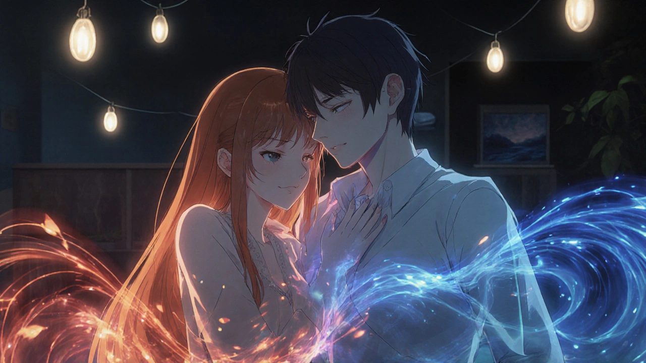 A couple embracing after intimacy, with subtle glowing energy symbols of the medication fading from their bodies.