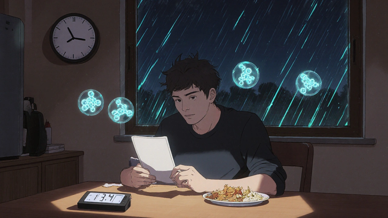 A man at night reading about Malegra FXT at a kitchen table, with floating molecular icons representing its dual-action mechanism.