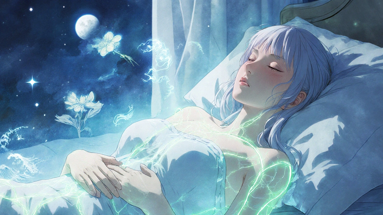 A woman at night with glowing pathways of light in her body, symbolizing improved circulation and emotional calm.