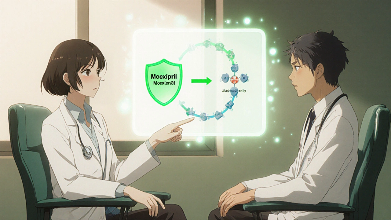 Doctor and patient viewing an animated diagram of how Aceon blocks ACE enzyme to lower blood pressure.