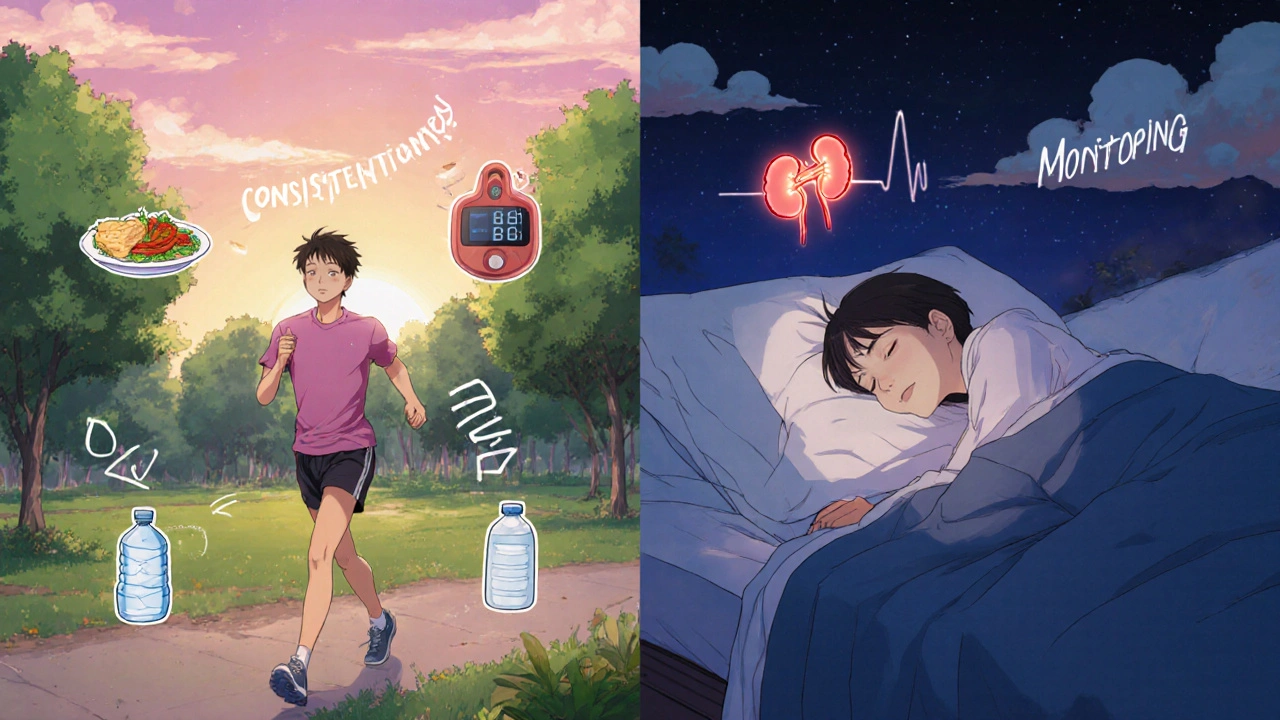 Split scene of healthy lifestyle and peaceful rest, symbolizing long-term Aceon use and wellness.