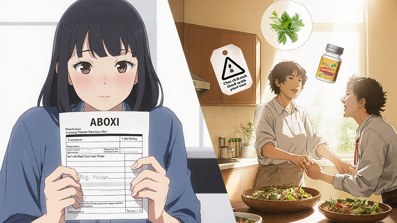 Split scene: one side shows a doctor’s office, the other a warm kitchen where a woman smiles with her partner.