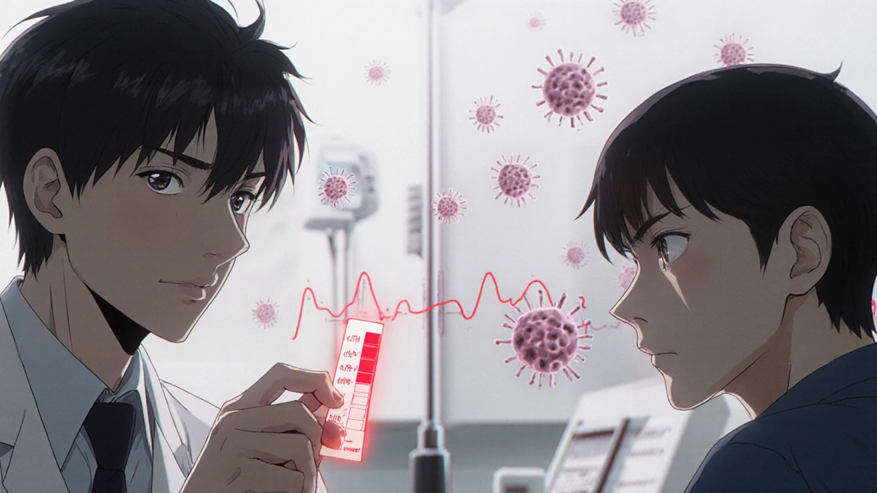 A doctor shows a patient a PCR test revealing antibiotic resistance in gut microbes.