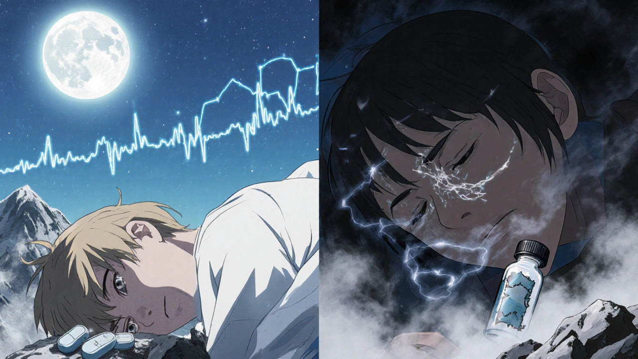 A peaceful sleeper with melatonin beside them contrasts with another climber in distress, surrounded by broken pill bottles and swirling dark clouds.