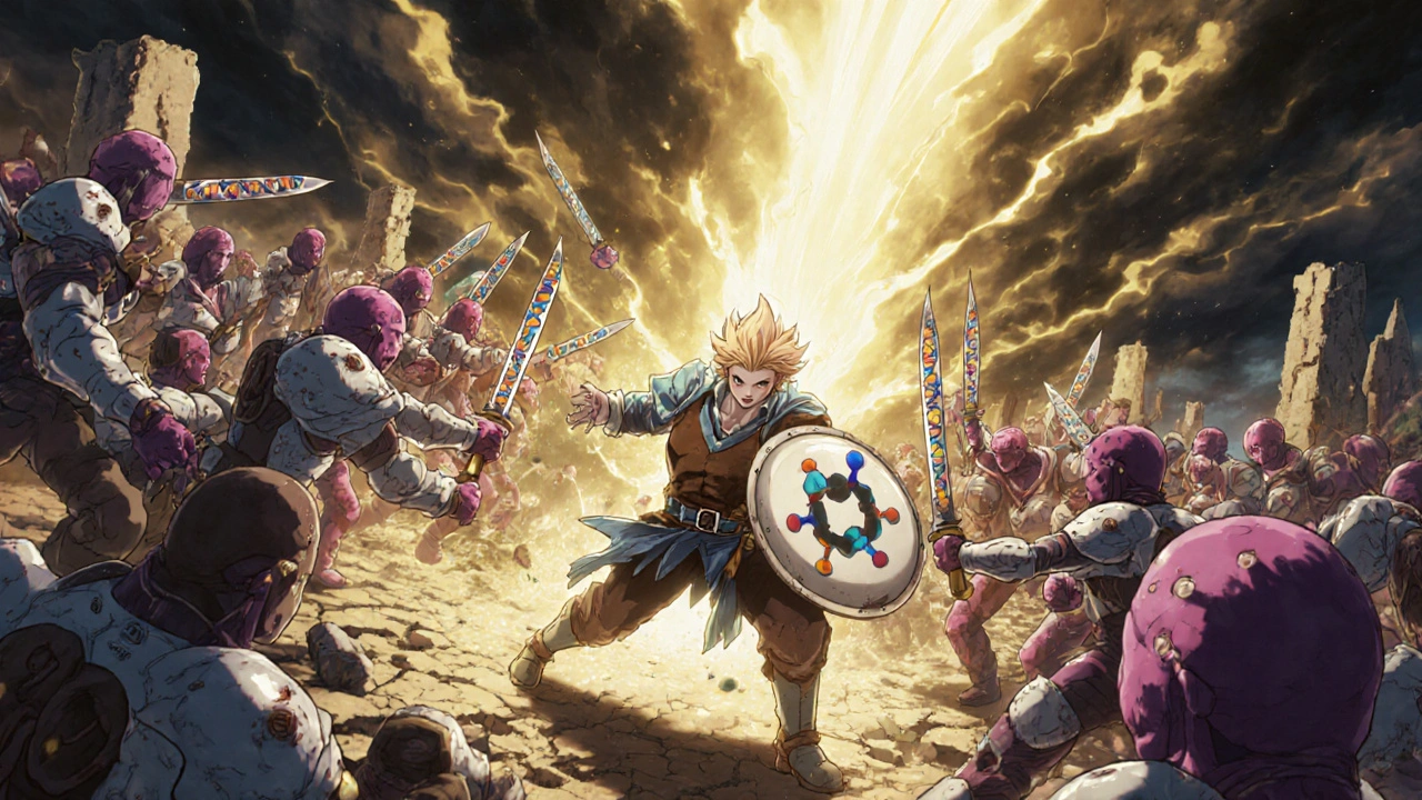 A probiotic warrior battles resistant bacteria in a glowing intestinal battlefield.