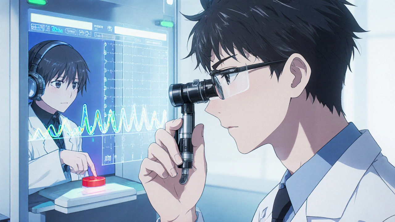 Anime audiologist conducting hearing tests with equipment and displaying an audiogram.