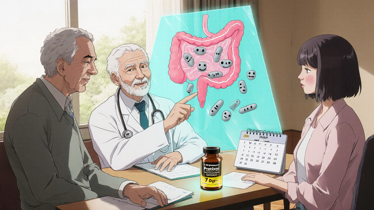 Anime doctor explains gut microbiome to elderly and arthritis patients, showing shrinking Lactobacillus and probiotics.