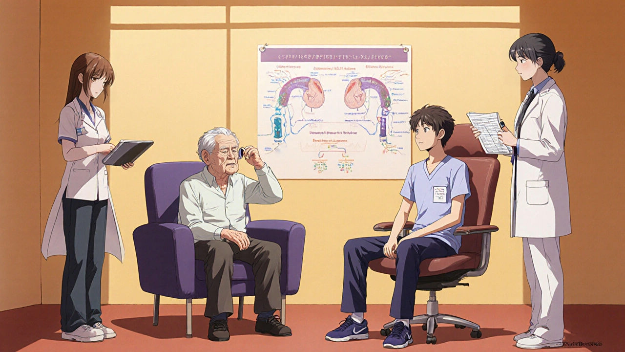 Anime scene of audiologist fitting hearing aids while consulting ENT and speech therapist.