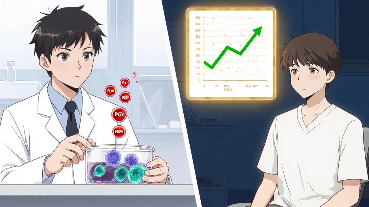 Anime split view of lab macrophages losing prostaglandins and a dental patient showing increased neutrophils.