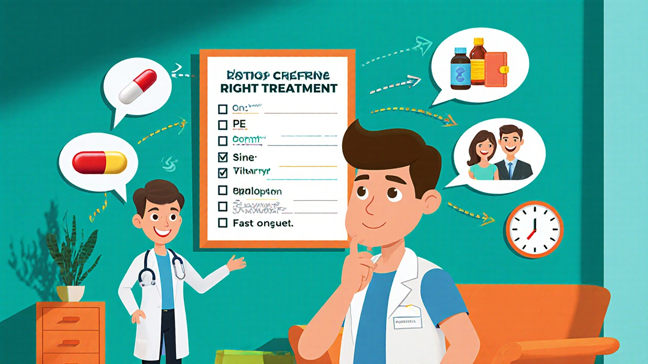 Cartoon decision room showing checklist and options for PE and ED treatment.