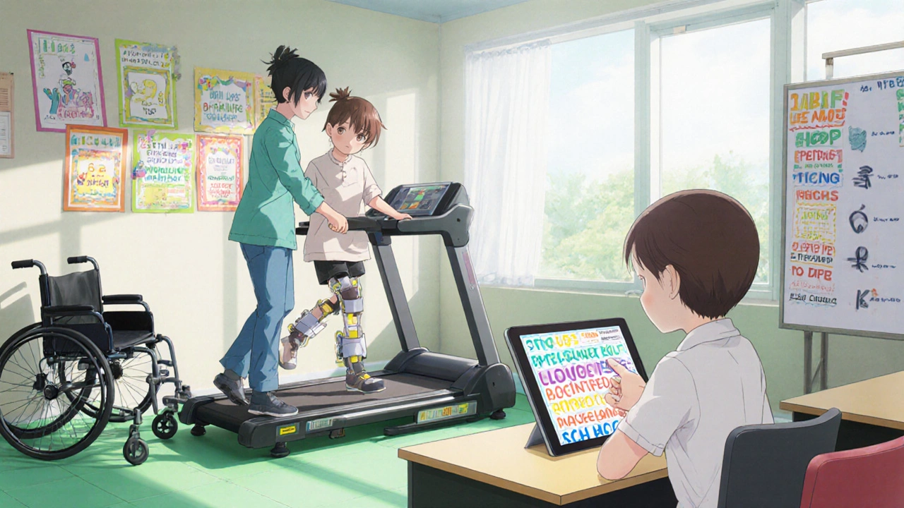 Child with braces doing therapy, using tablet in classroom, bright gym setting.