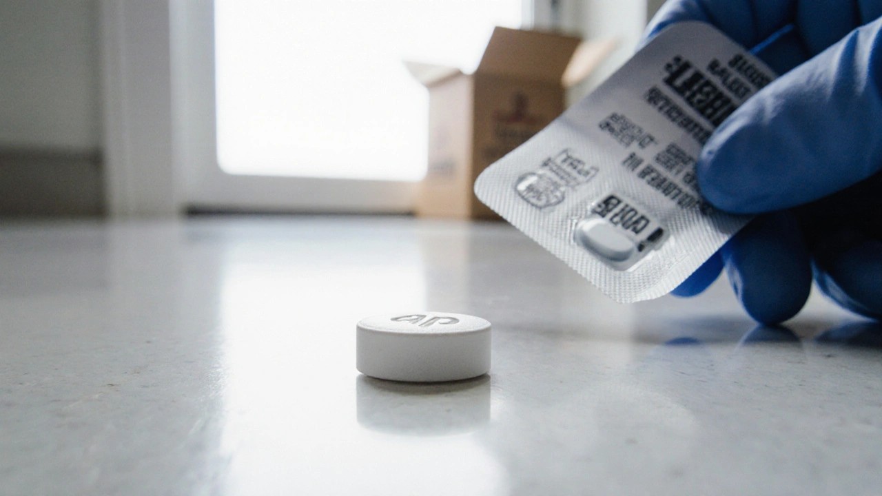 Close‑up of a white tablet with AP imprint beside an opened blister pack and a hand inspecting it.