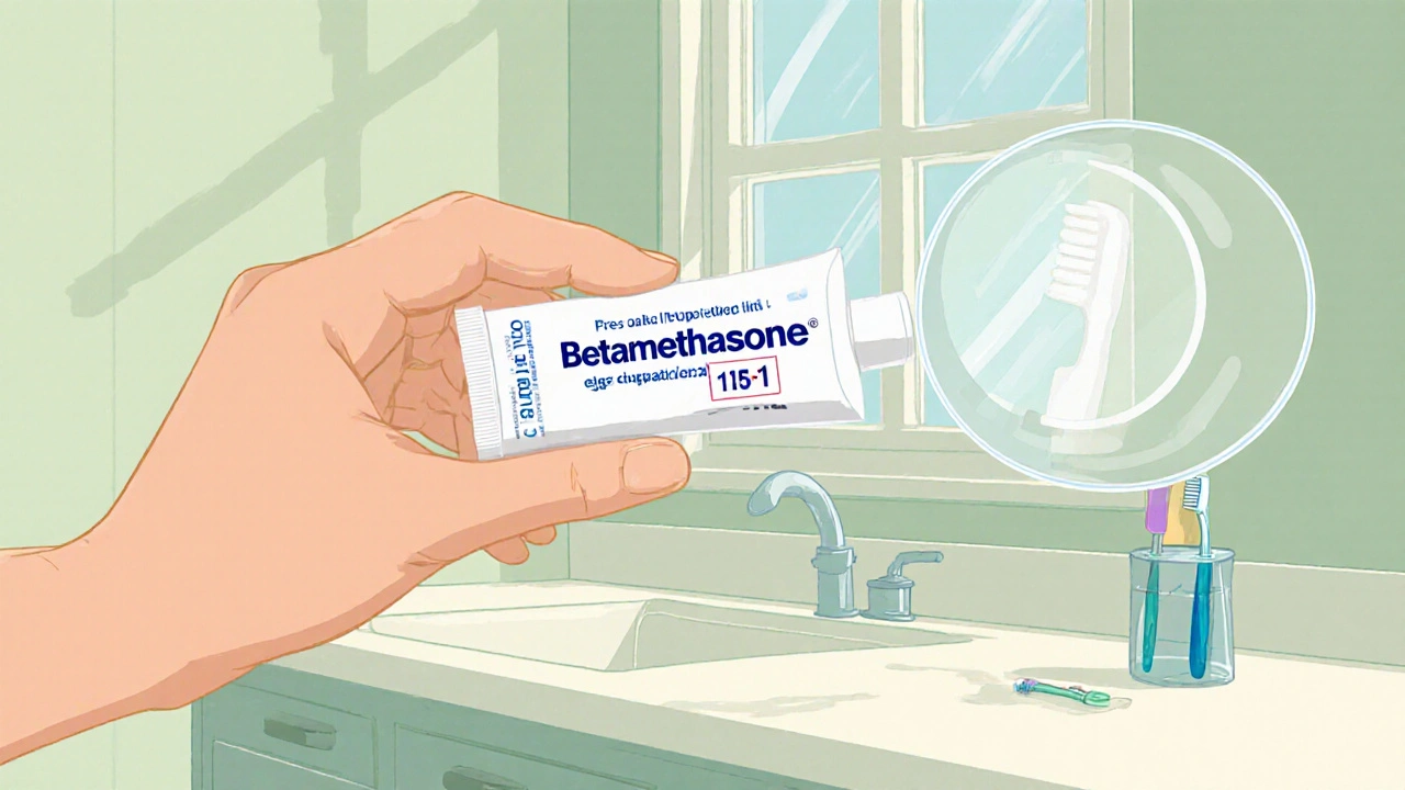 Close‑up of hand checking expiration date and condition of Betamethasone ointment tube.