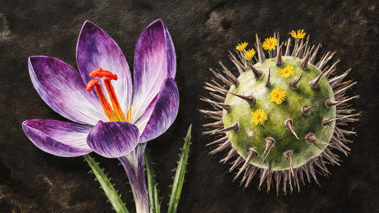 Close‑up watercolor of saffron flowers beside spiky tribulus fruits.