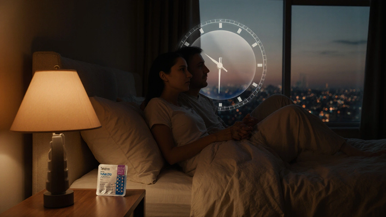 Couple in a bedroom holding hands, Tadalita pill pack on nightstand, soft ambient lighting.