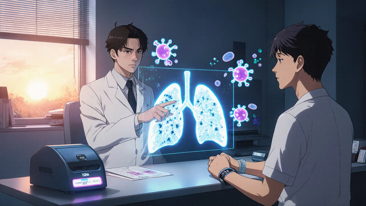 Doctor and diabetic patient reviewing TB test results in a clinic.