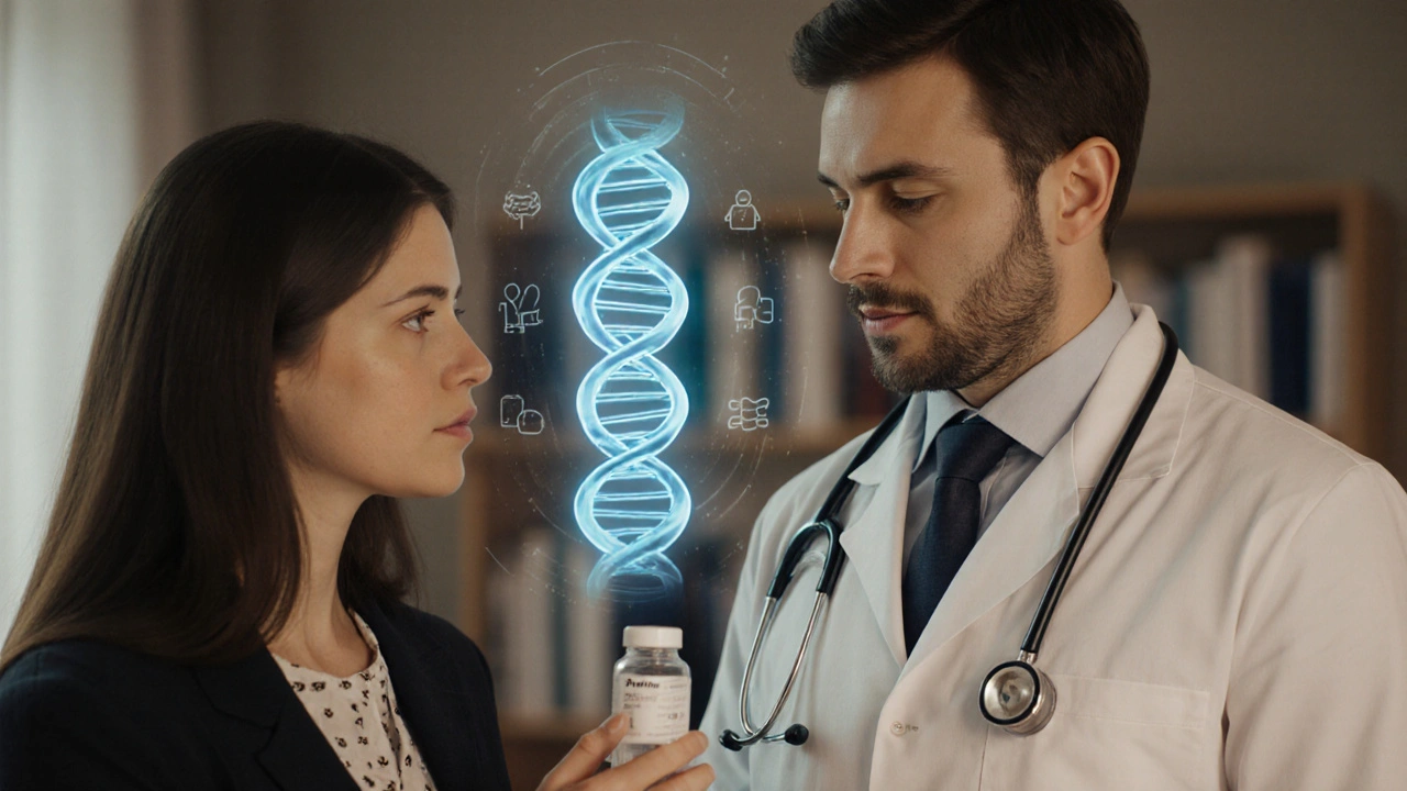Doctor and patient discussing medication with a glowing DNA helix in the background.