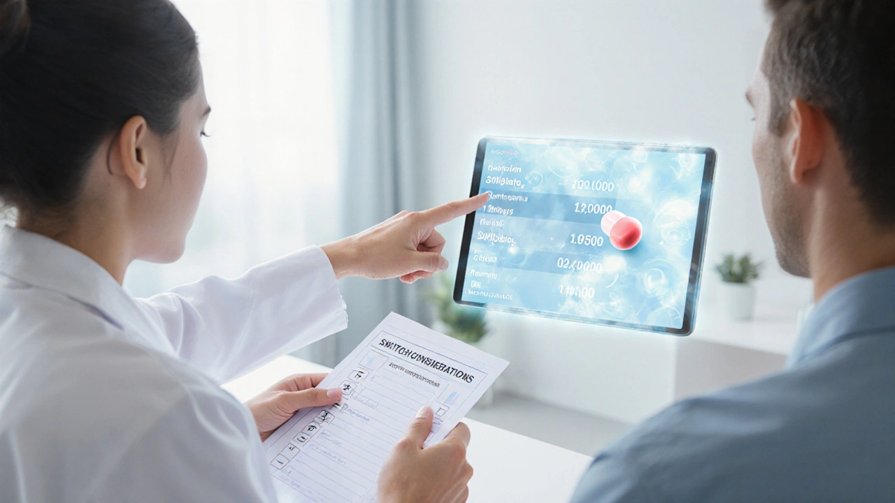 Doctor and patient reviewing lab results with a single pill hovering nearby.