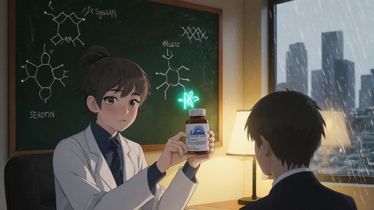 Doctor offers a fluvoxamine pill to a patient in a warmly lit clinic, molecular icons visible behind.