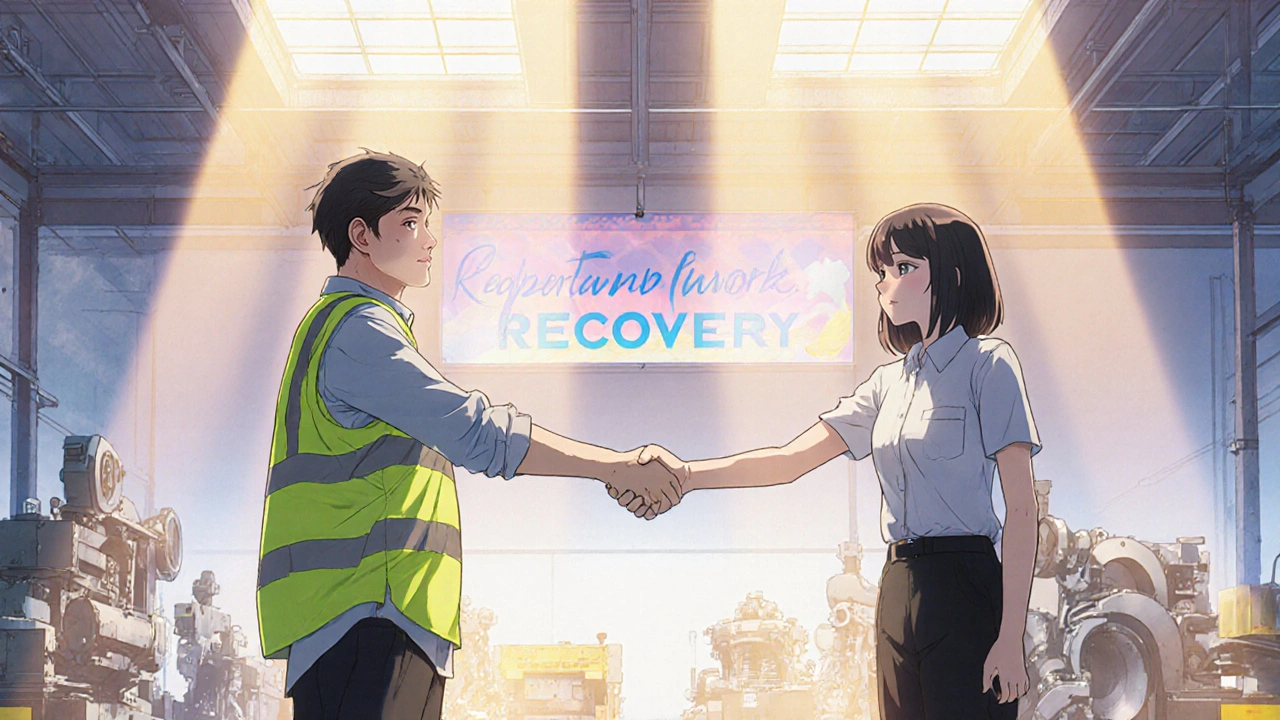 Employee returning to work welcomed by supportive colleagues on factory floor.