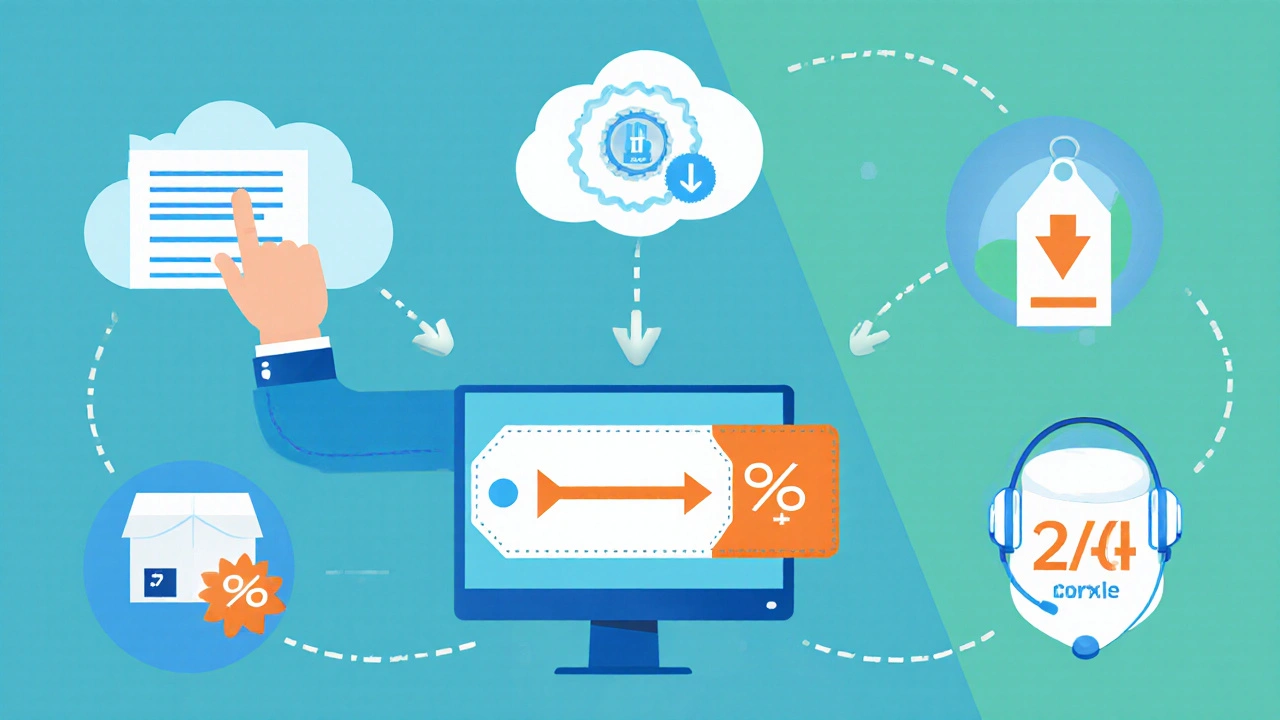Flat‑style icons showing prescription upload, verification badge, price tag, discount, shipping box, and pharmacist support.