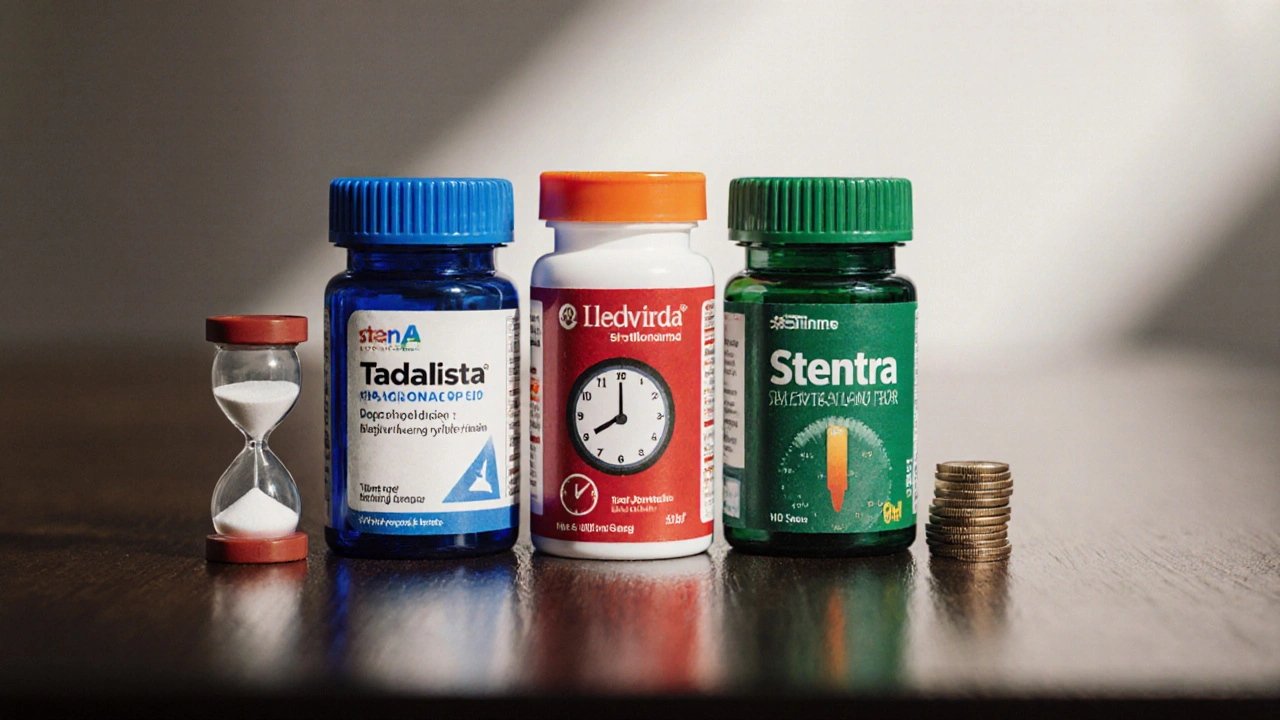 Four ED medication bottles on a wooden table with visual cues for duration and price.