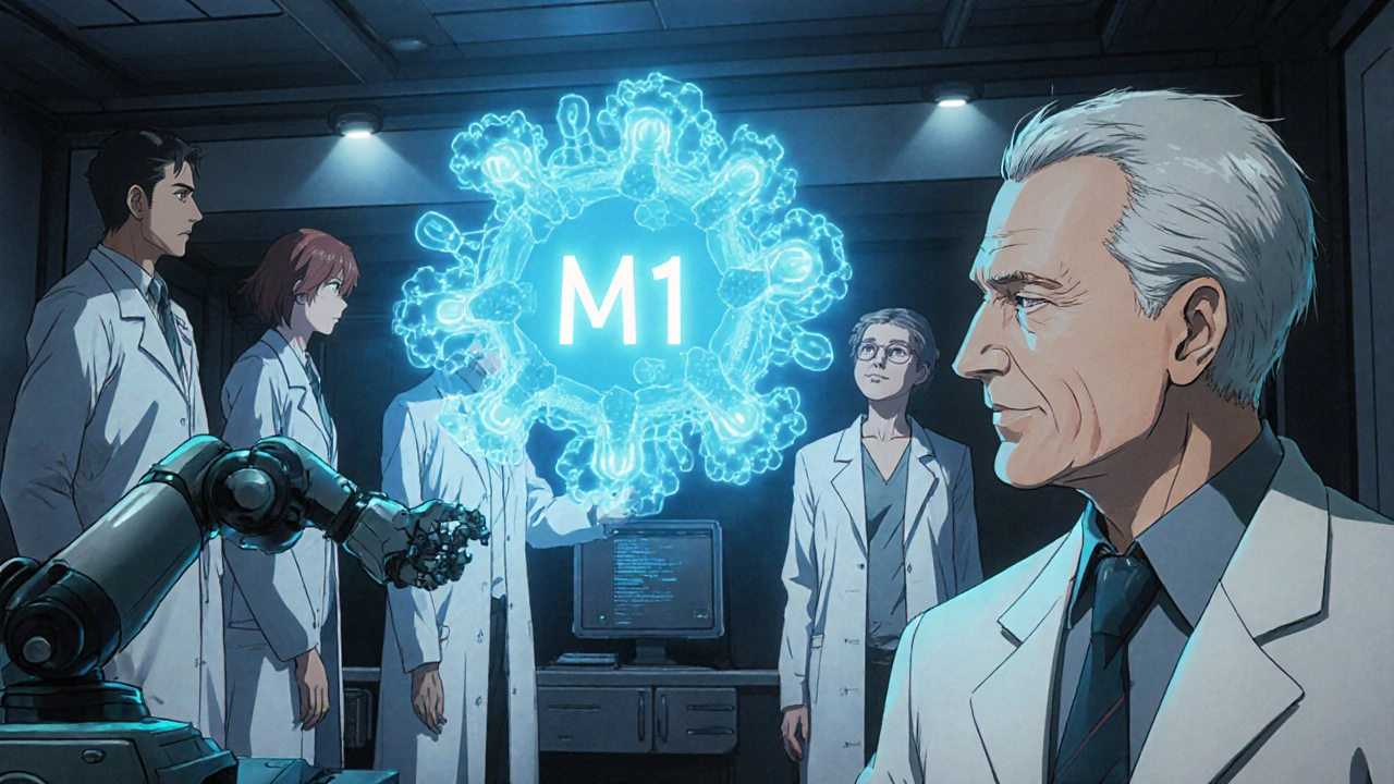 Futuristic lab showing a holographic M1 receptor and a hopeful elderly patient.