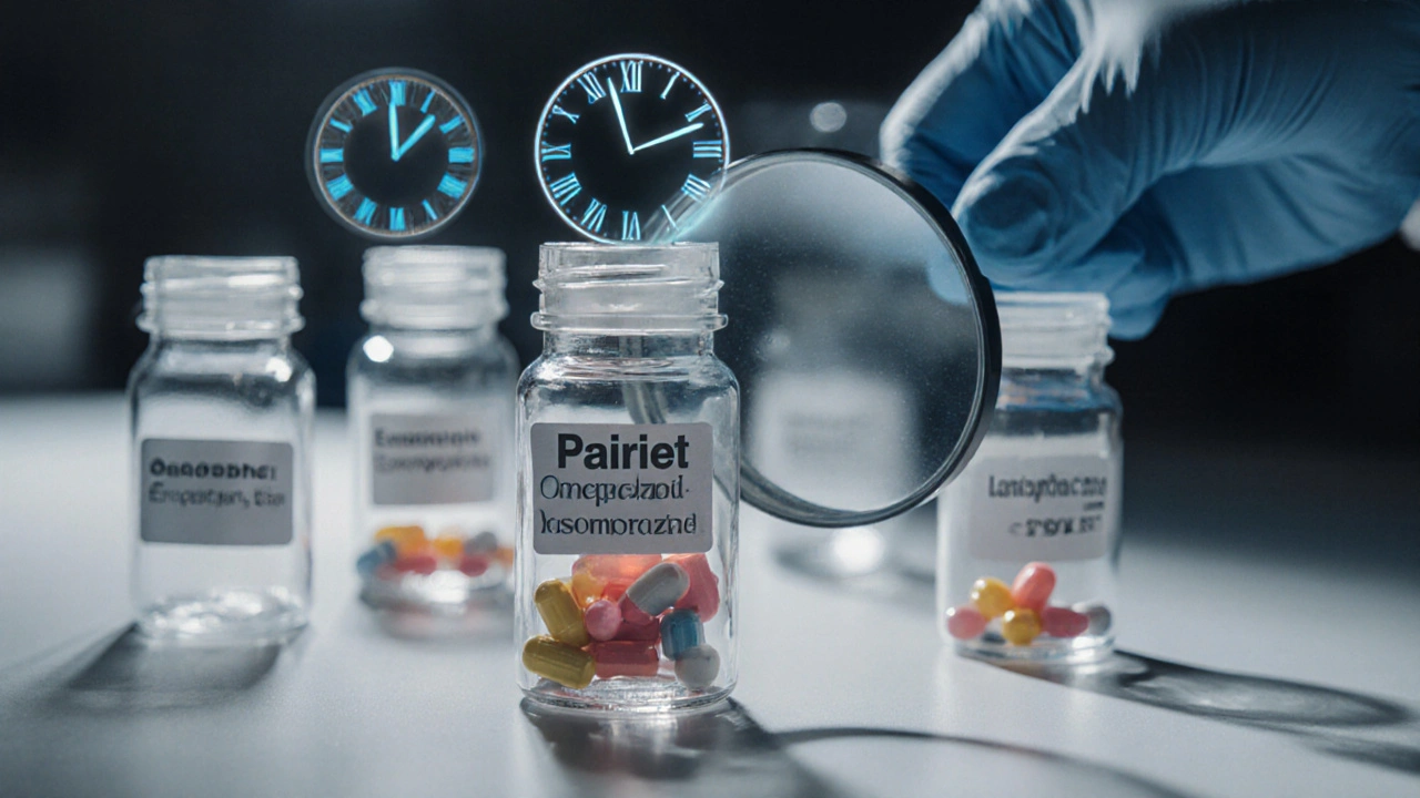 Lab bench with various PPI pill bottles and a magnifying glass highlighting differences.