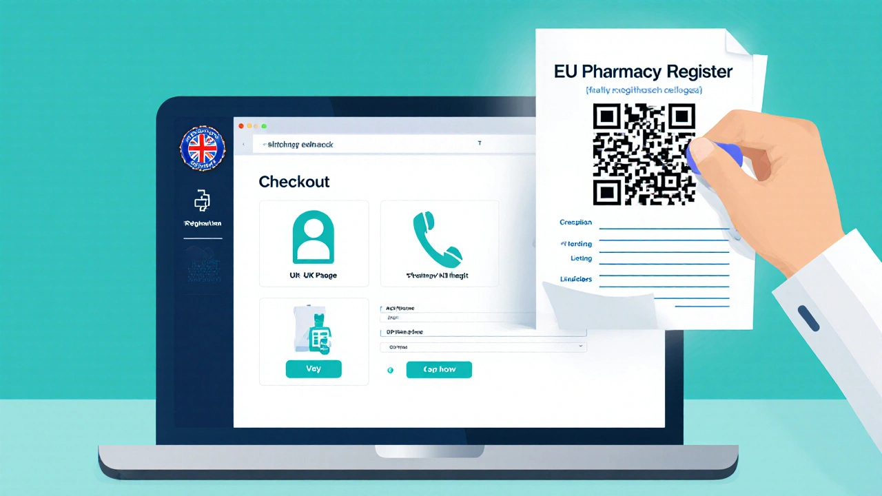 Laptop screen showing pharmacy verification icons and a scanned prescription.