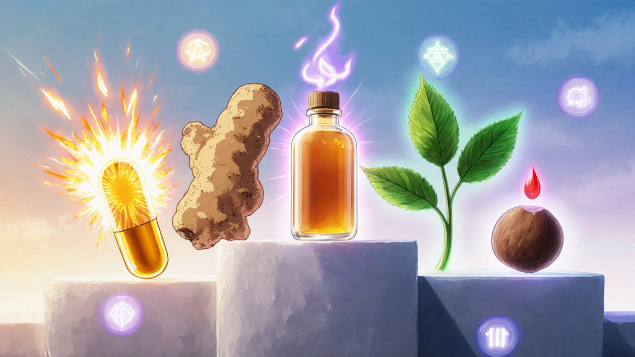 Lineup of herbal icons: turmeric, ginger, Boswellia, ashwagandha, green tea, and black pepper, each with glowing symbols.