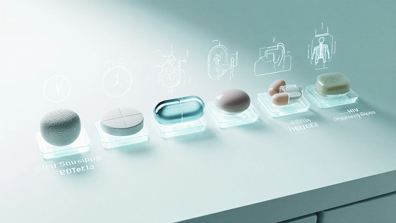 Lineup of various HIV fixed‑dose tablets displayed for visual comparison.