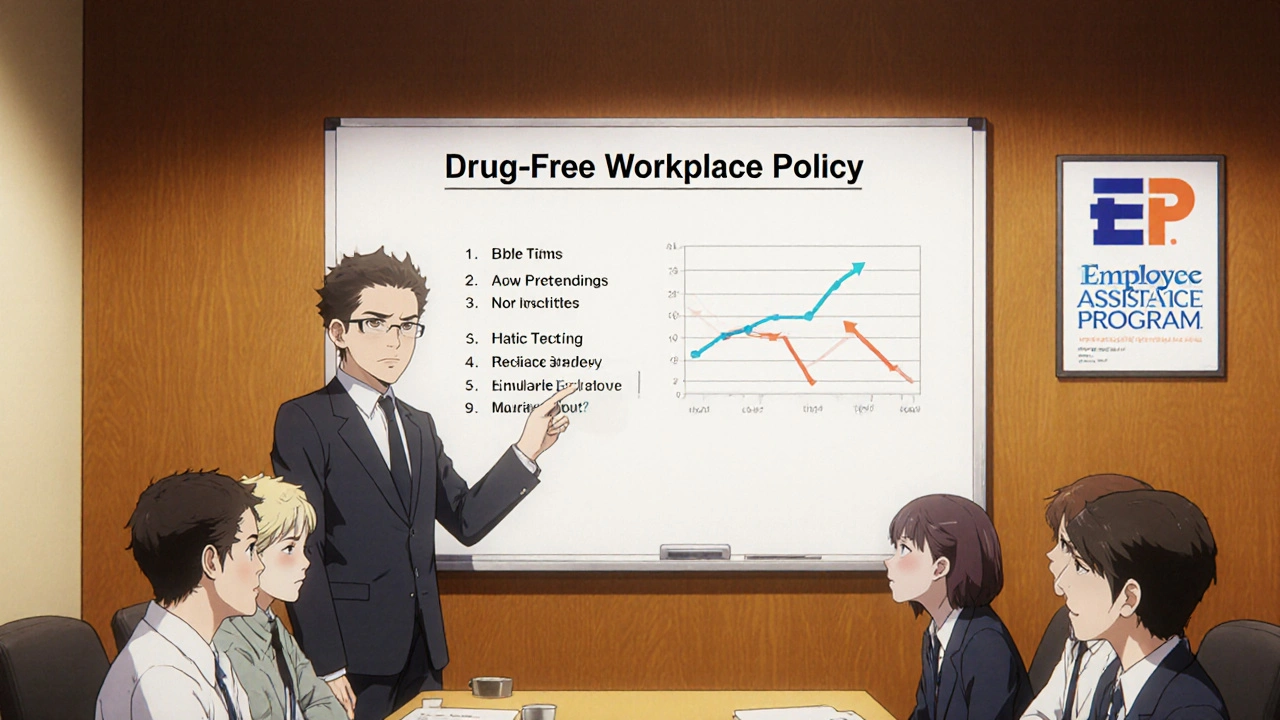 Manager training employees on drug‑free policy with supportive visuals.