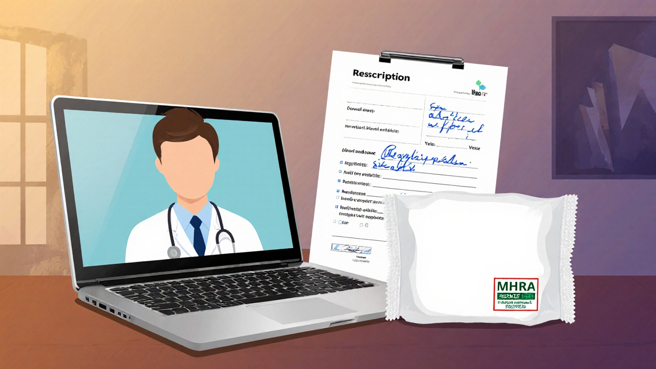 Online video consultation leading to prescription and sealed medication parcel with MHRA stamp.