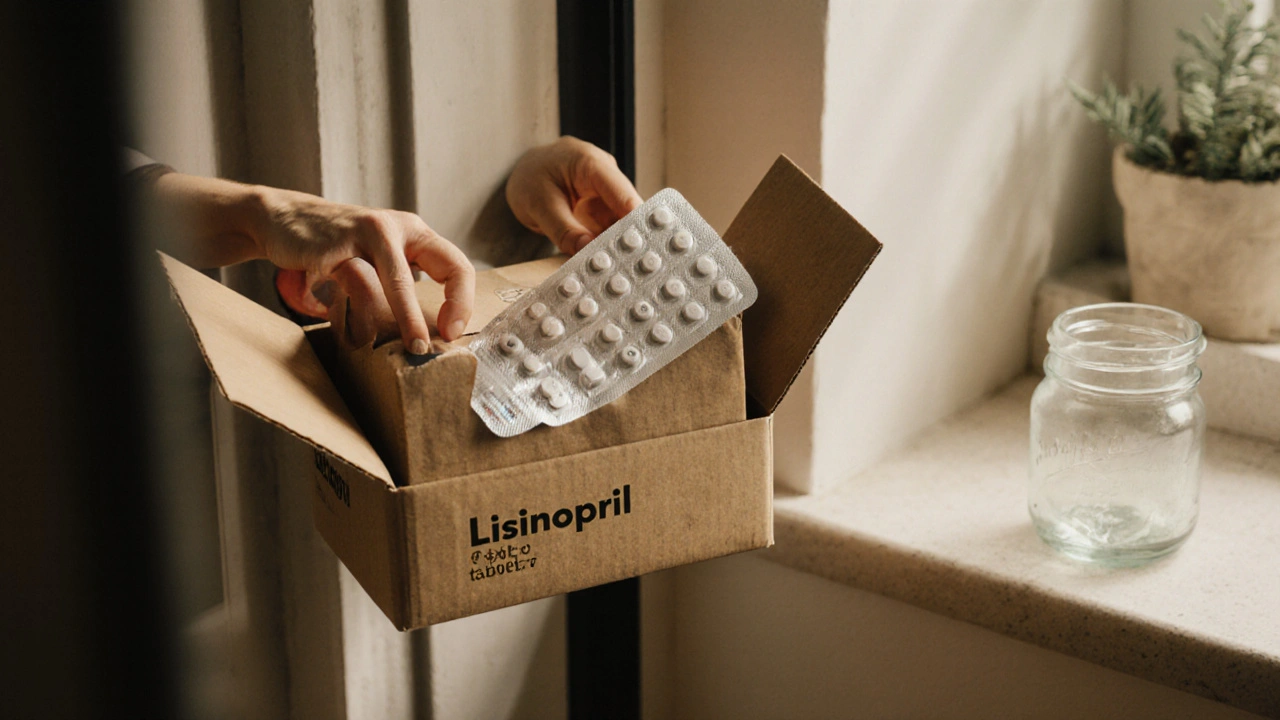 Opened delivery box revealing lisinopril tablets with imprint, stored in a jar.