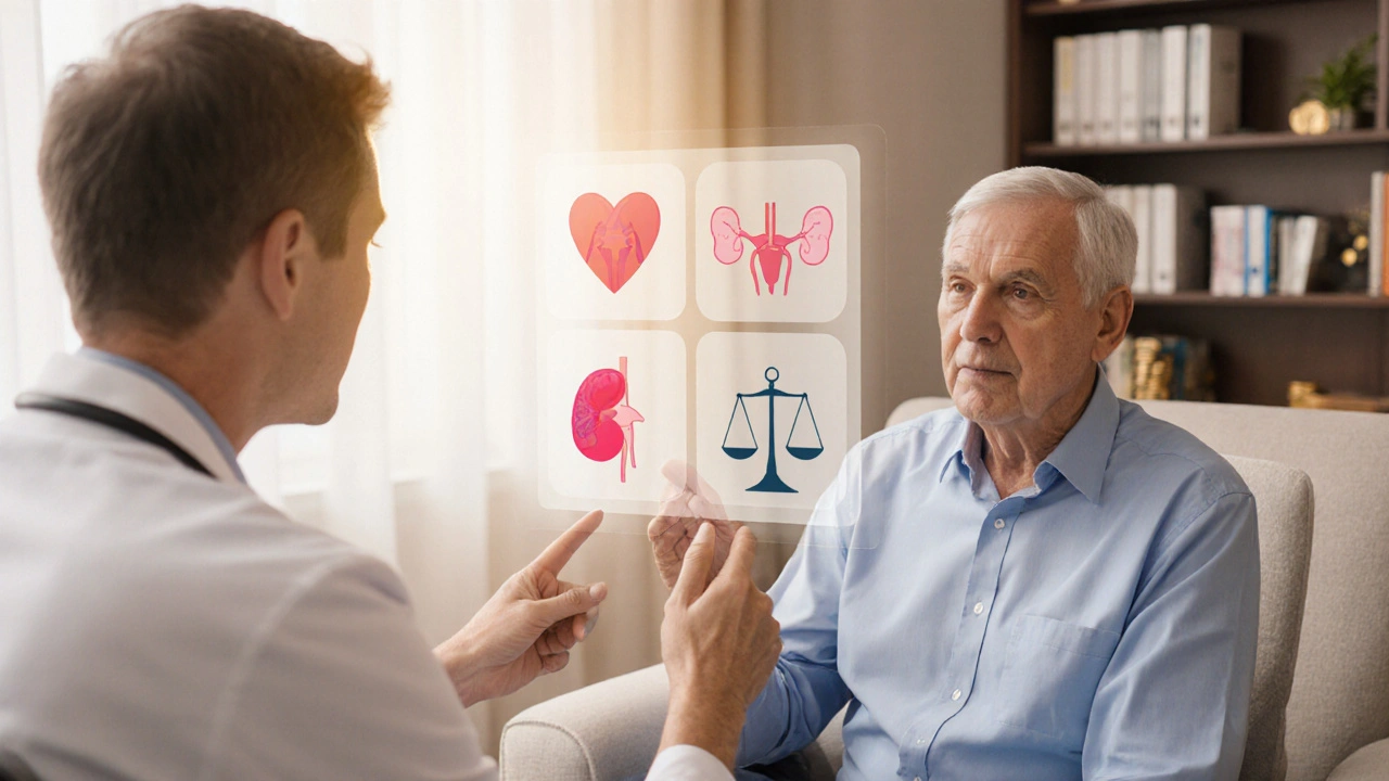 Patient and doctor reviewing treatment options with heart, kidney, weight, and cost icons.