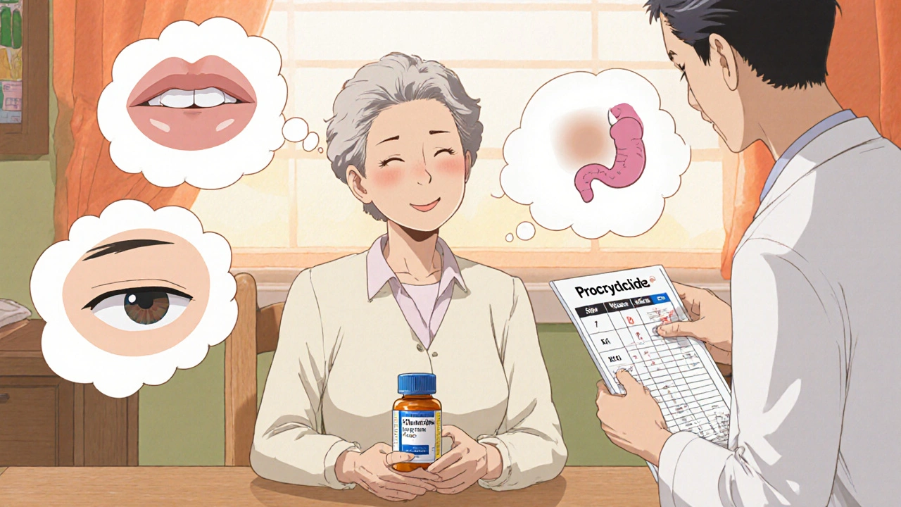 Patient at a table holding Procyclidine, with icons for dry mouth, blurred vision, and constipation.