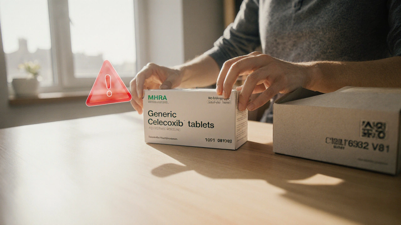 Person inspecting delivered celecoxib box, checking registration number with warning icon nearby.