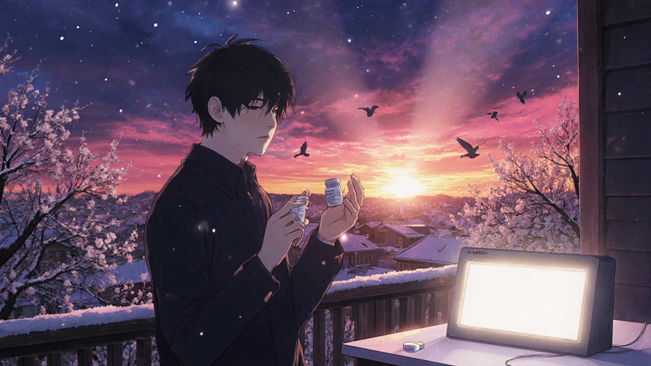 Person stands on balcony at sunrise holding fluvoxamine and melatonin pills, light‑therapy box glowing.