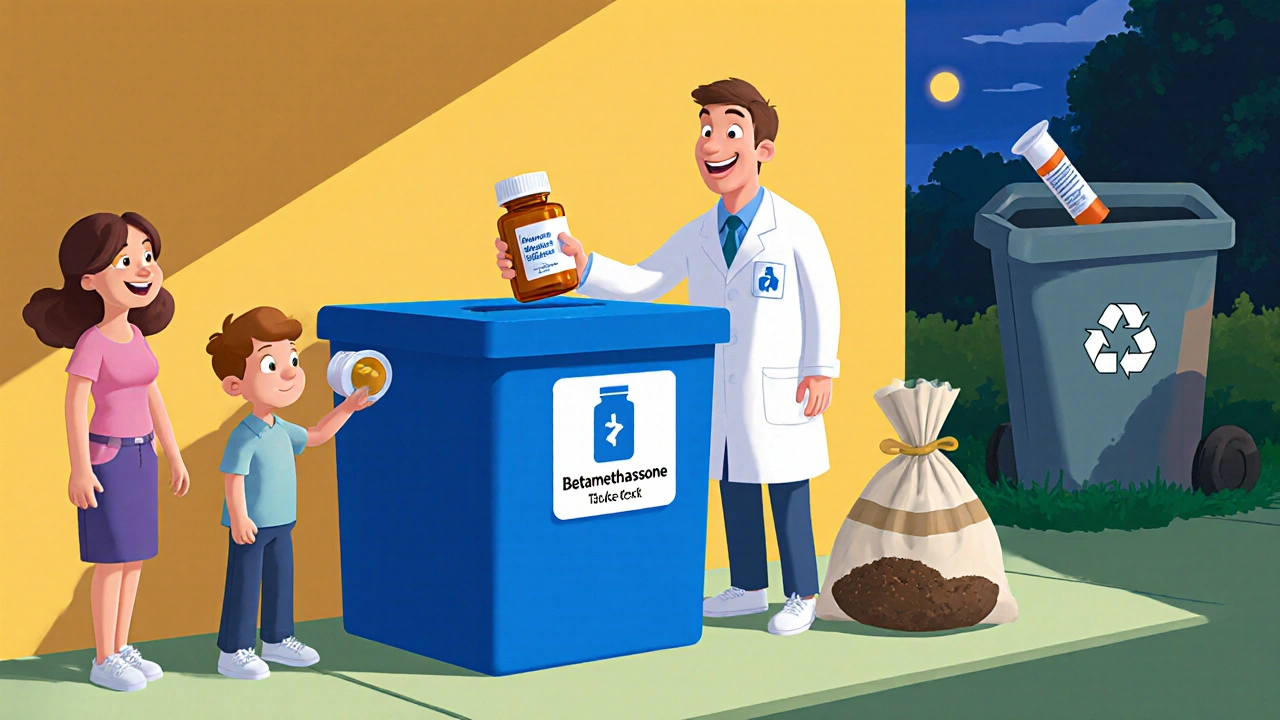 Pharmacist receiving sealed Betamethasone container in a take‑back box beside a hazardous‑waste bin.