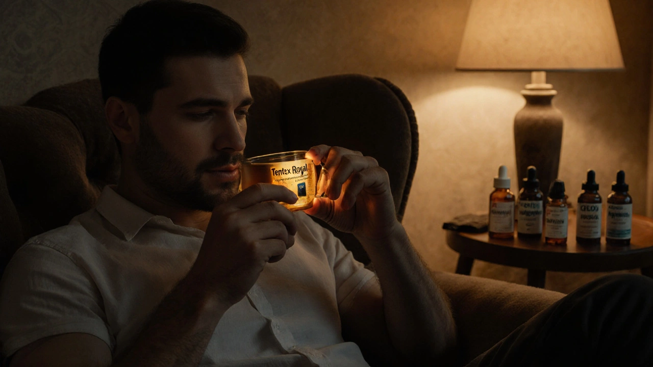 Relaxed man holding a glowing capsule, with other supplement bottles nearby.