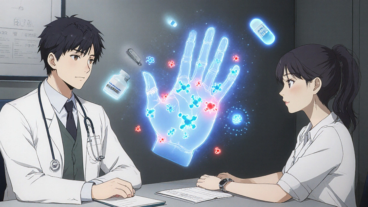 Rheumatologist and patient viewing a floating diagram of hand joints with blue molecules suppressing inflammation.