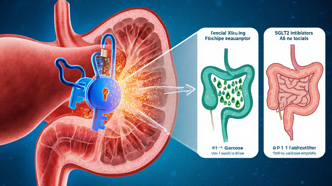 Scientific illustration showing how Glucotrol XL and other drugs act on pancreas, kidney, and gut.