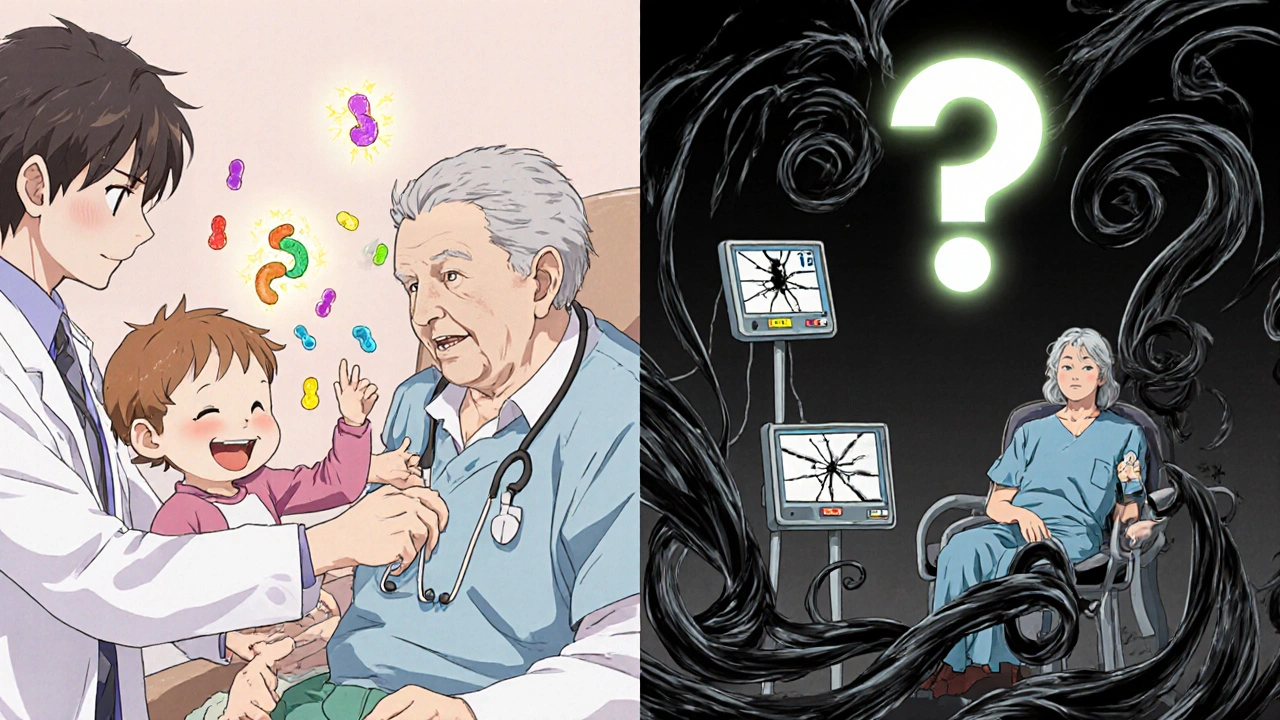 Split scene: a child safely treated with amoxicillin versus an elderly patient endangered by clindamycin's C. diff risks.