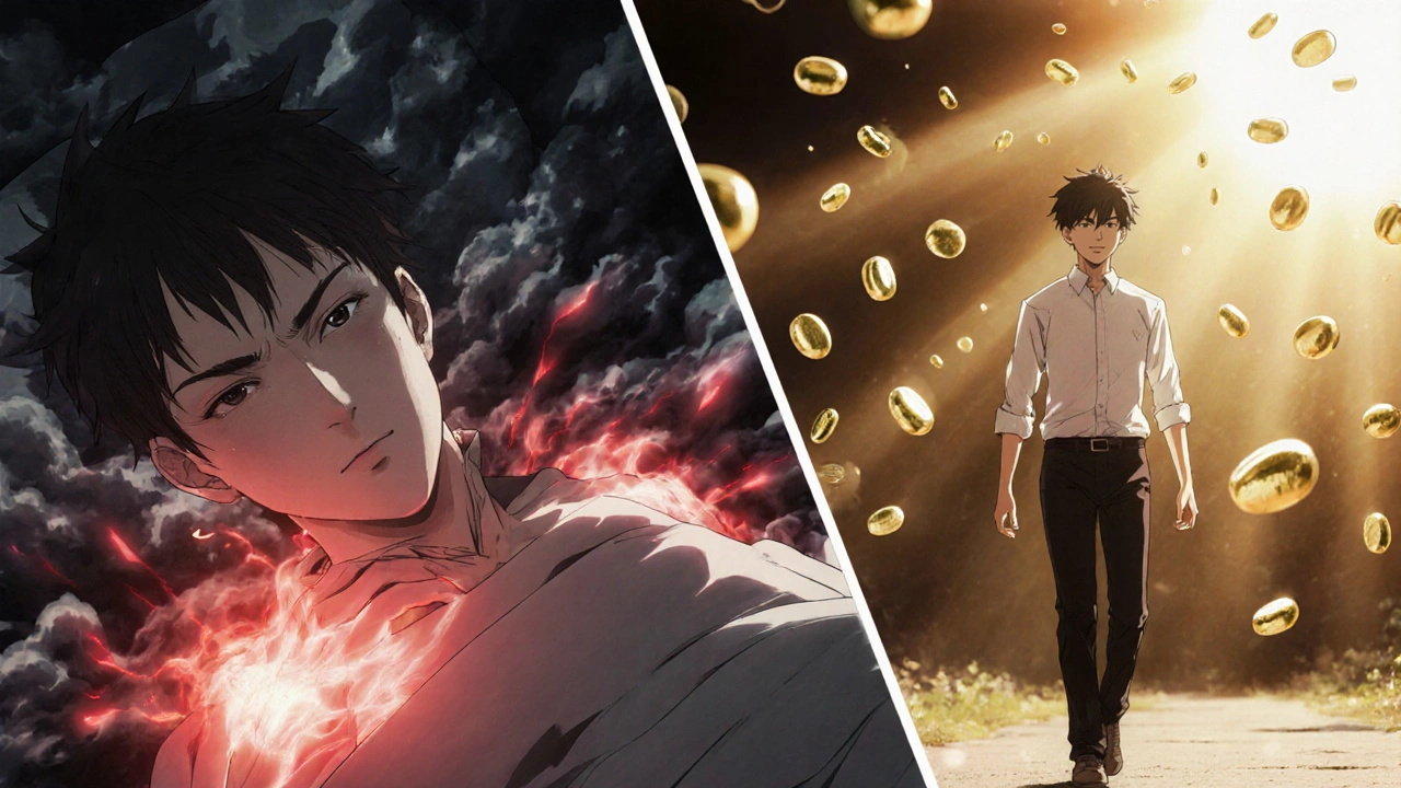 Split scene: person in pain surrounded by dark clouds vs. same person walking in sunlight as inflammation fades.