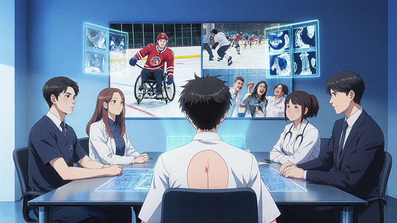 Team of doctors and therapist with teen patient, holographic scans, adaptive sports collage.