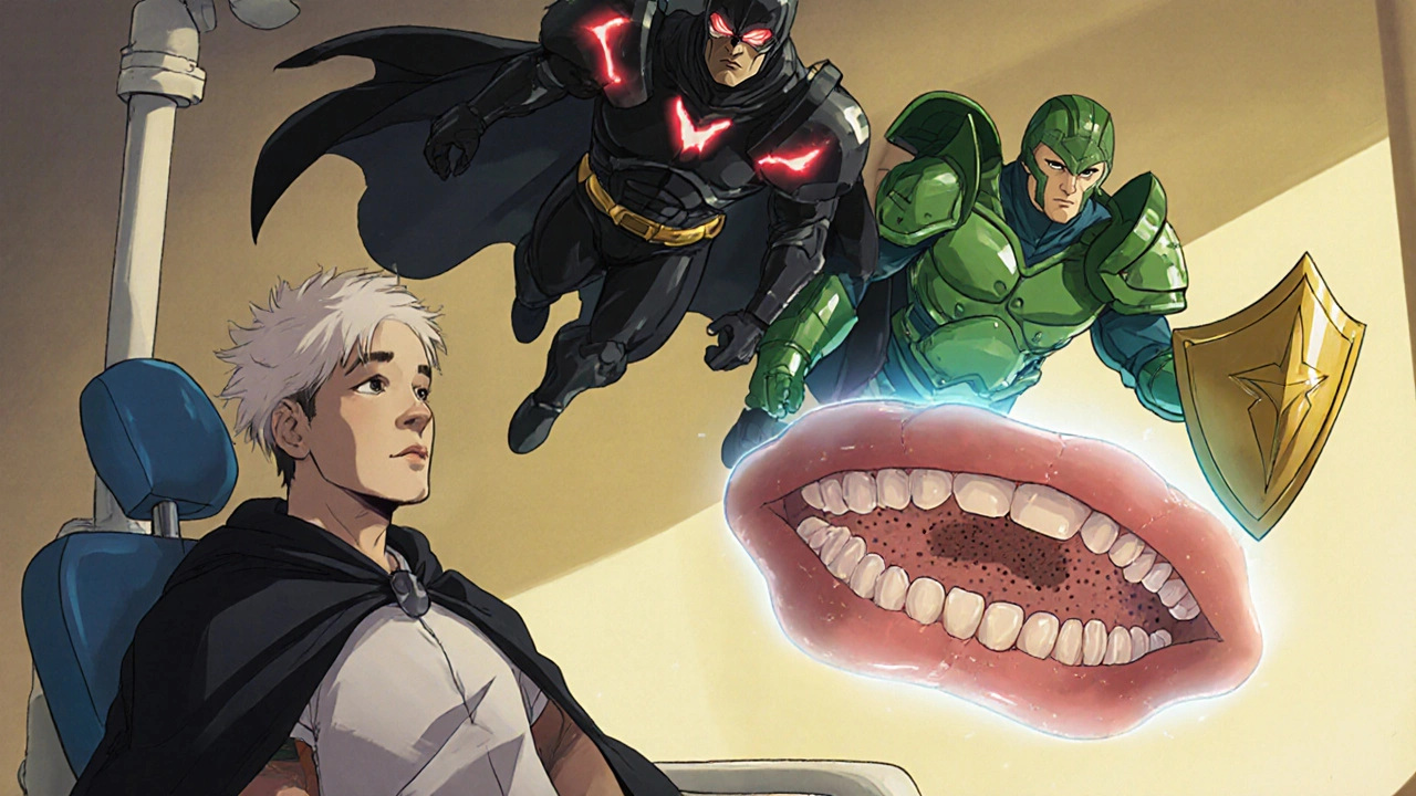 Three antibiotic heroes confront a dental abscess, with metronidazole neutralizing C. diff while clindamycin casts a dangerous shadow.