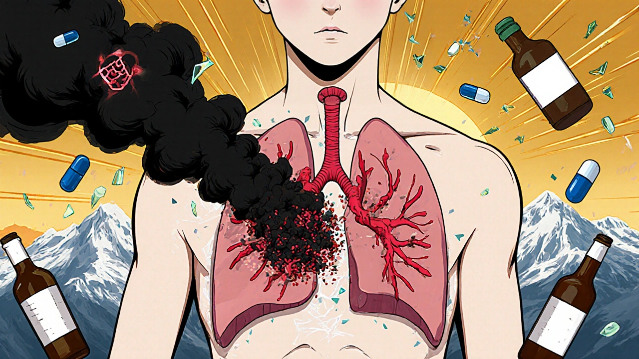 Transparent human torso shows oxygen molecules blocked by sedative smoke, with pill icons shattering around the lungs and brain under mountain peaks.