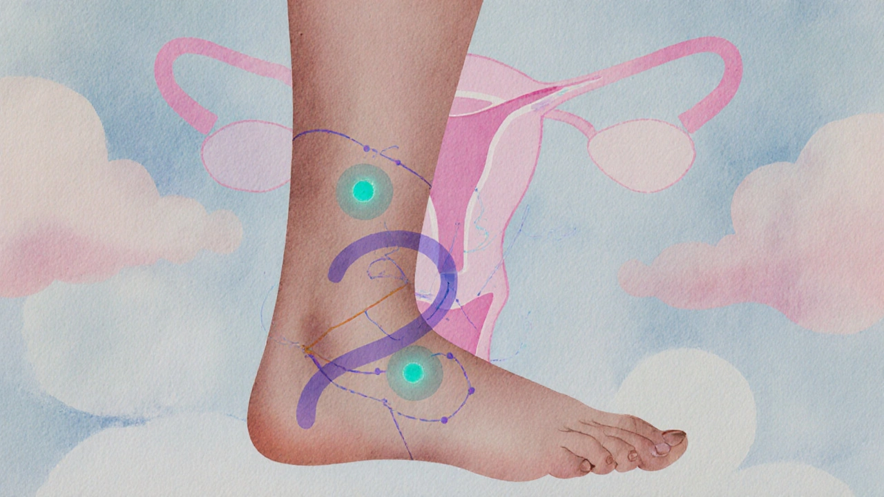 Watercolor silhouette showing glowing acupuncture points for hormone balance.