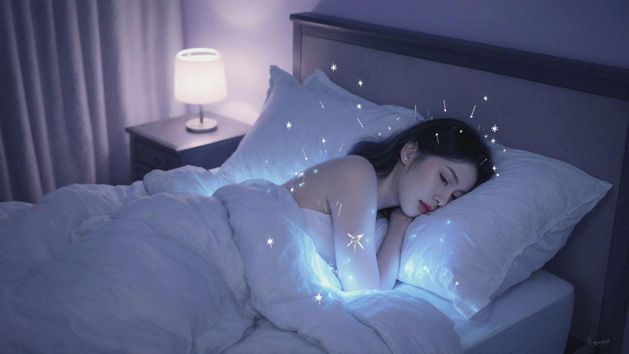 Woman sleeping peacefully under moonlight, radiating calm after acupuncture.