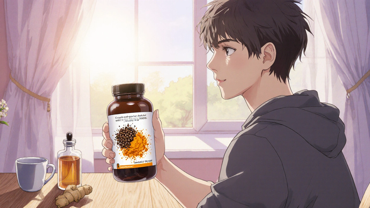 Young adult holding a turmeric capsule with pepper particles, surrounded by Boswellia vial and ginger tea, in a sunrise-lit room.